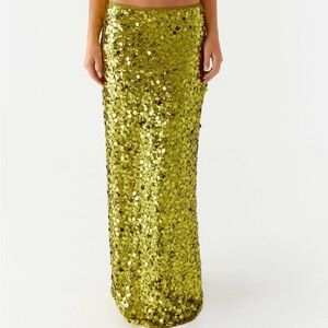 Peppermayo Shimmering Olive/Gold Maxi Skirt